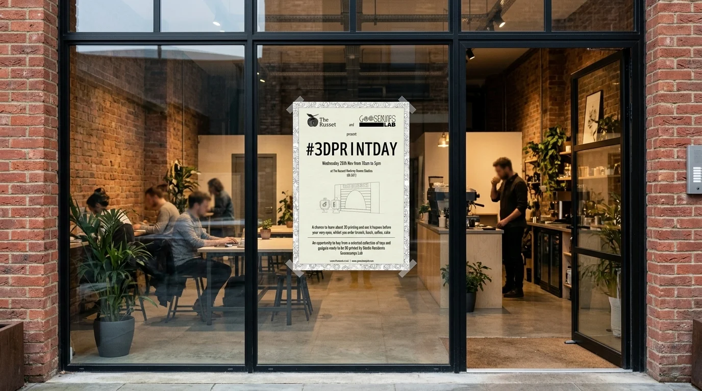 #3DPrintDay-Poster an der Russet-Studiotür, Hackney Downs Studios