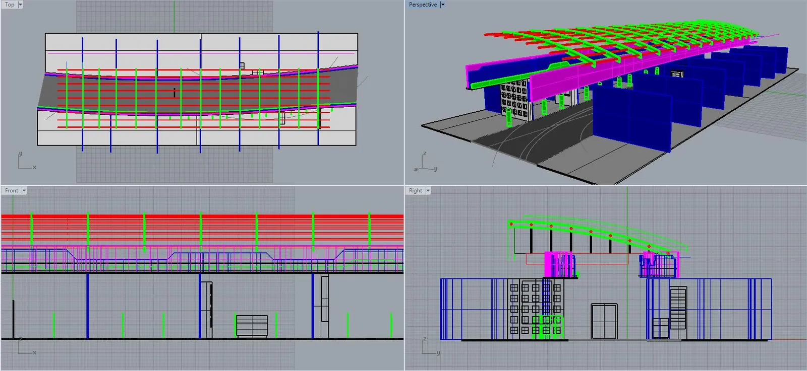 Rhino model, four construction views