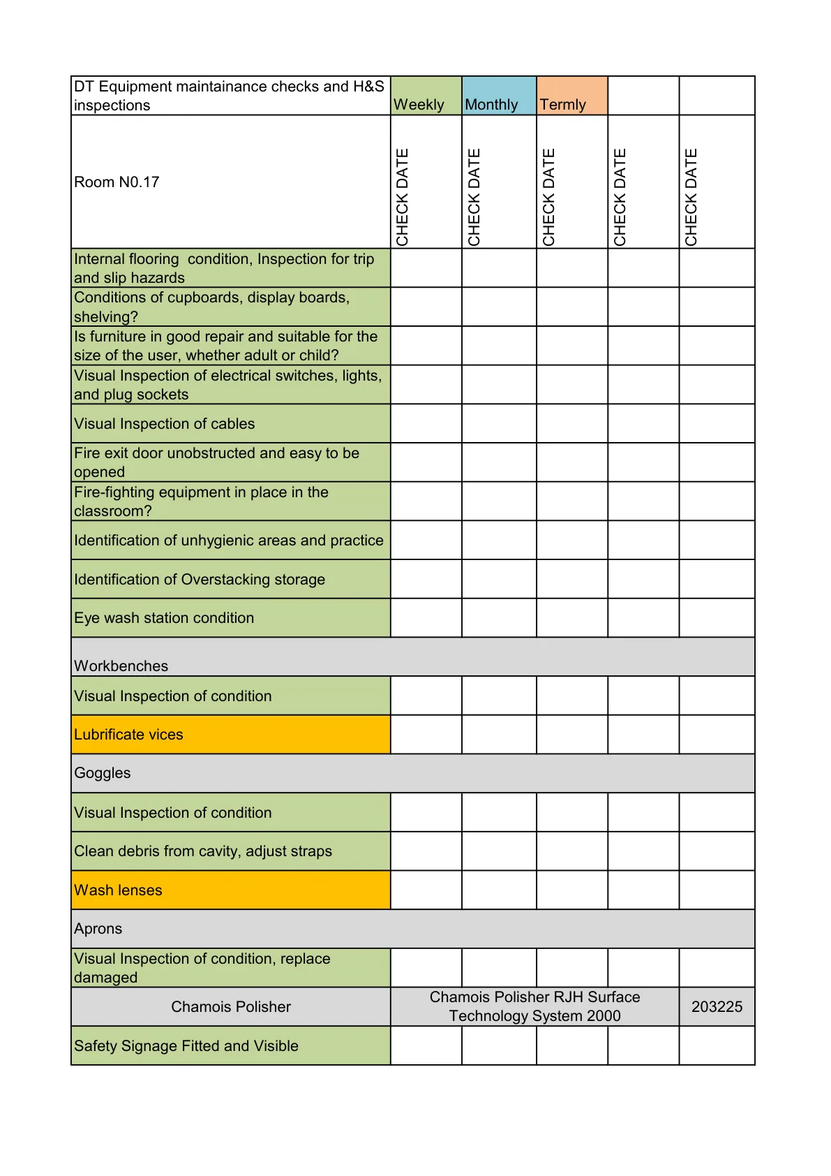 Farbcodierte wöchentliche, monatliche und halbjährliche Inspektions-Checkliste für die DT-Werkstatt